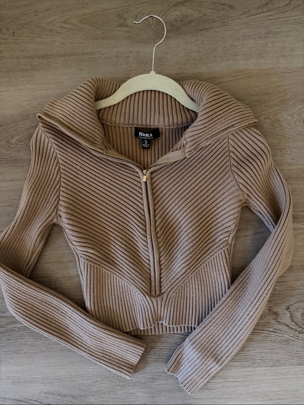 Hera Collection Ribbed Half-Zip Sweater in Taupe